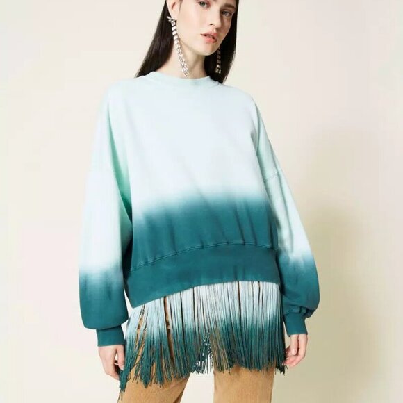 Twinset Milano Sweatshirt Womens XXL Green Ombre Tie-Dye Fringed Top Boho - Picture 1 of 16